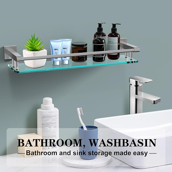20 Inches Glass Shelf for Bathroom, Brushed Nickel Glass Shelves for Wall - Image 3