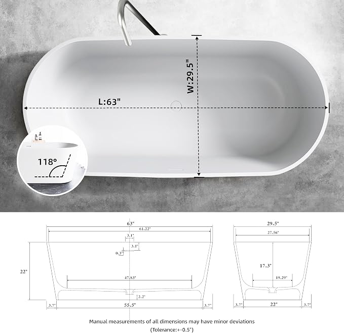63'' Freestanding Bathtub Solid Surface Matte Bathroom Bathtub Soaking Tubs - Image 8