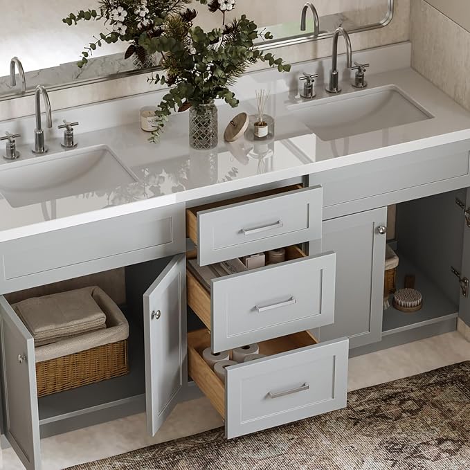 ARIEL 73" Grey Double Vanity 1.5" Edge Pure White Quartz Countertop & Splash - Image 3