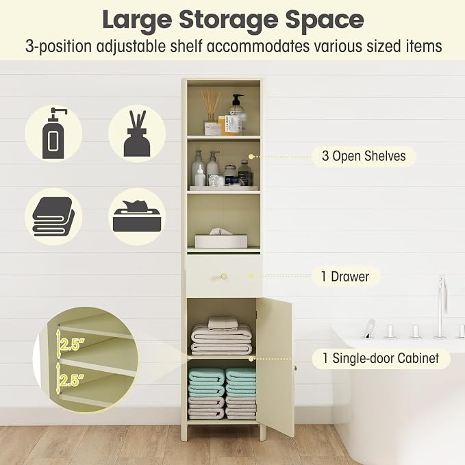 Tangkula 67" Tall Bathroom Cabinet, Narrow Floor Cabinet w/Fluted Door - Image 5