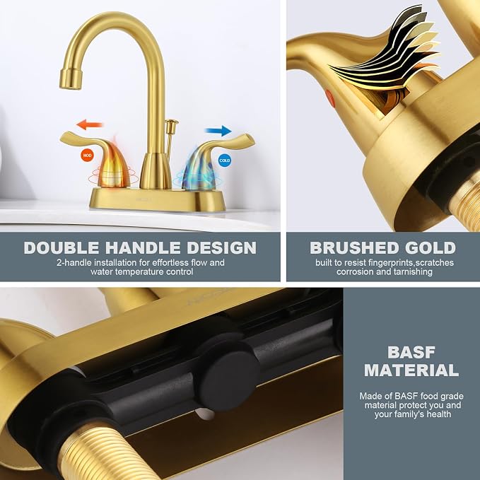 Brushed Gold Bathroom Faucet, ARCORA 4 inch Centerset Bathroom Faucet - Image 5