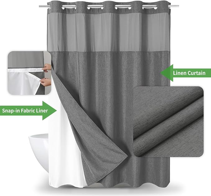 Extra Long No Hooks Needed Linen Textured Shower Curtain - Image 2