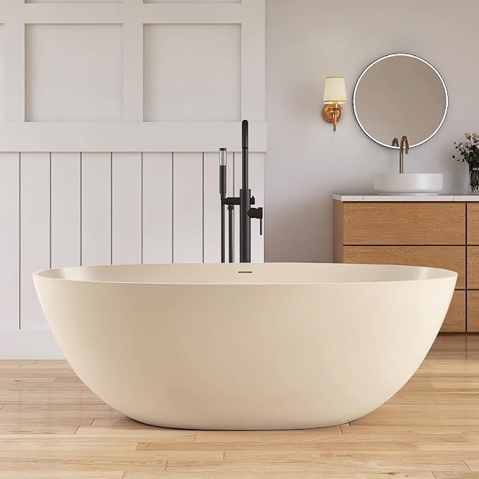 Stone Resin Freestanding Bathtub 65", Elegant Oval Shape Soaking Tub, Solid - Image 2