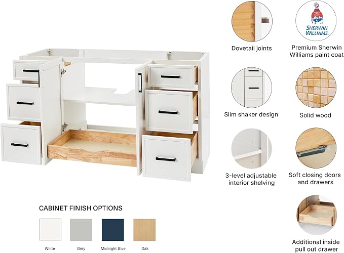ARIEL Kelly 54 inch Bathroom Vanity Without Sink in White, Bathroom Base Cabinet - Image 2