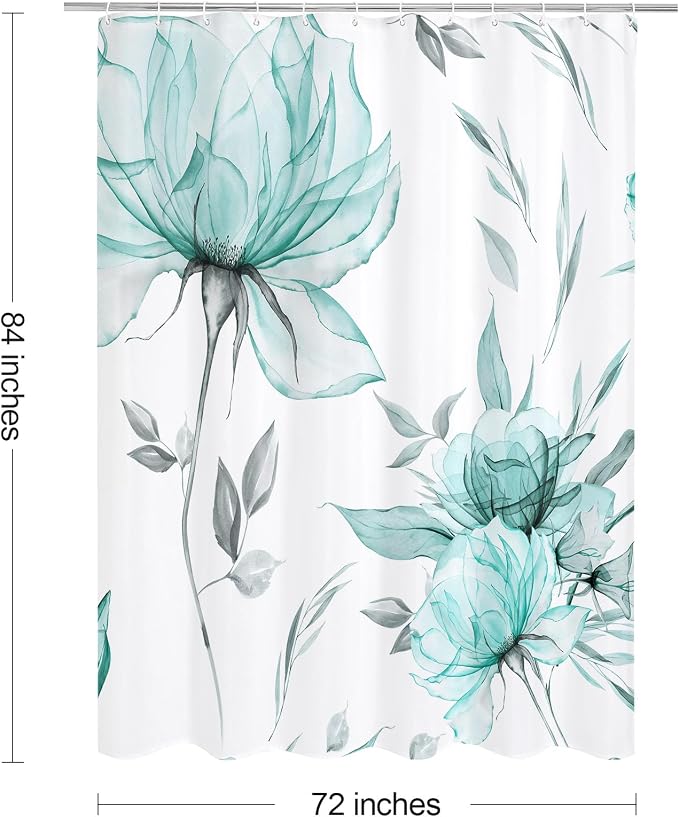 Extra Long Boho Watercolor Floral Shower Curtain 72 x 84, Teal Blue and Grey - Image 6