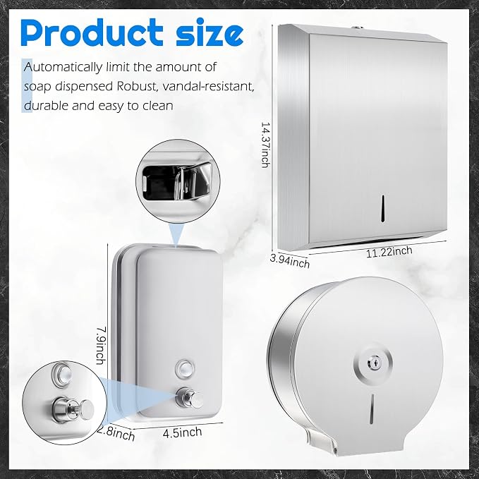 3 Pcs Commercial Toilet Paper Dispenser and Soap Dispenser Set-Stainless Steel - Image 2