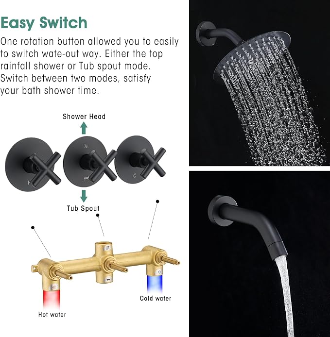 PROOX 3 Handle Tub Shower Faucet Set, Matte Black Bathtub Shower Faucets - Image 5