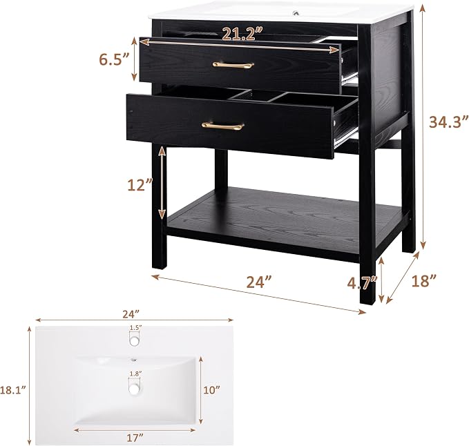 24 Inch Bathroom Vanity with Sink, Farmhouse Freestanding Vanity Cabinet - Image 2