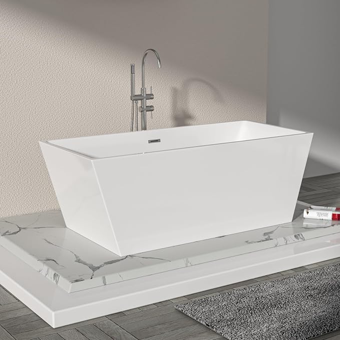 Logmey 67 Inch Bathtub White Acrylic Freestanding Rectangle Deep Soaking Tub by Logmey