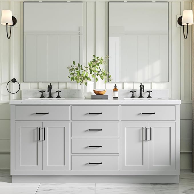 ARIEL Hepburn 72" Grey Double Vanity, 1.5" Edge Carrara Quartz Countertop & by Ariel