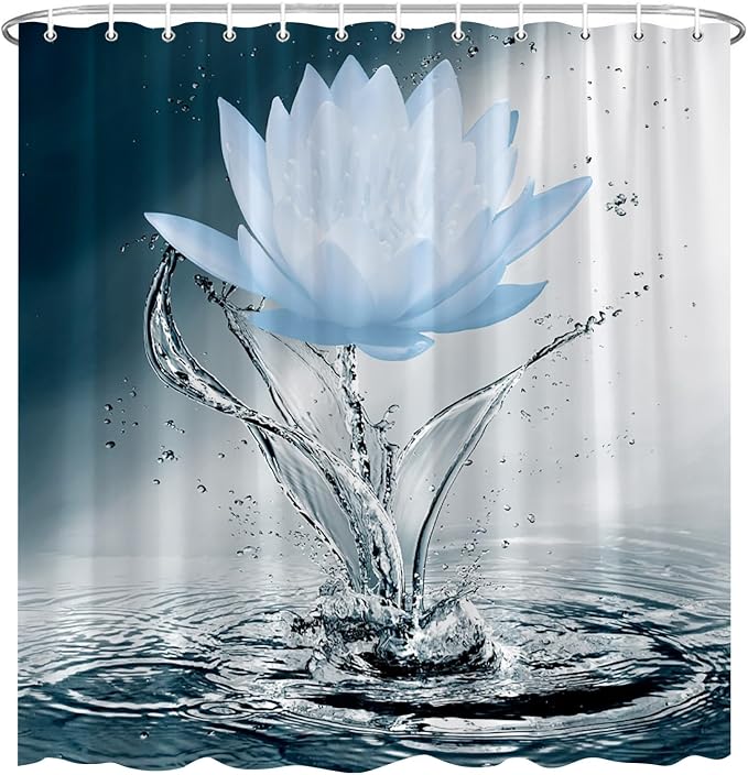 Lotus Shower Curtain Black White Blue Flower Elegant Blooming Floral - Image 2