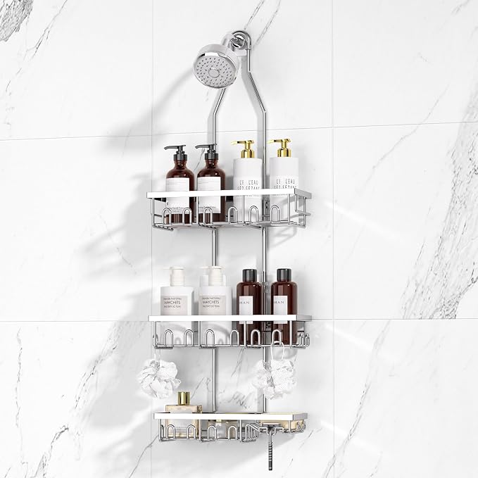 Shower Caddy, Rustproof Shower Shelves Over Shower Head, Triple Adjustable - Image 8