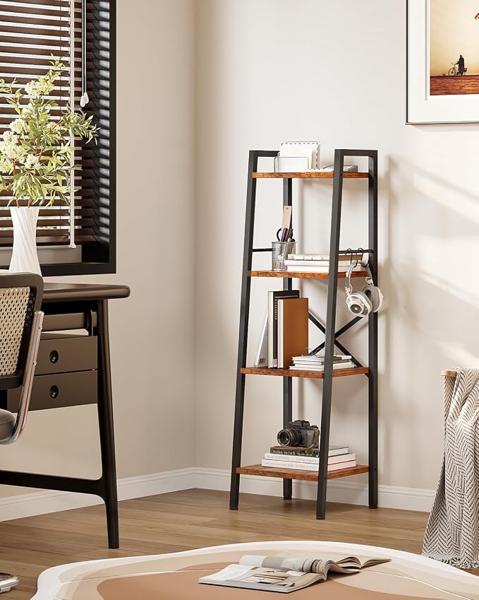 Furologee 4 Tier Ladder Bookshelf Narrow, Metal Wooden Ladder Shelf Bookcase - Image 5