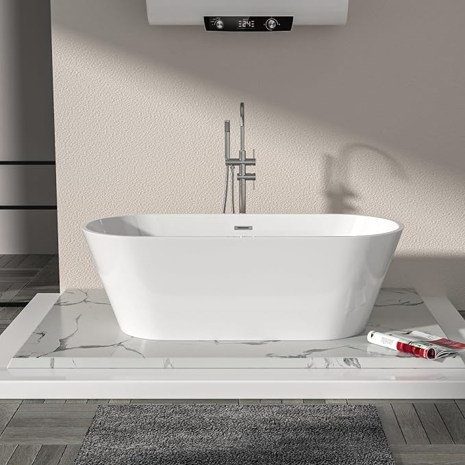 Logmey 63" White Acrylic Freestanding Bathtub Oval Shape Soaking Tub - Image 3