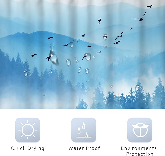 Riyidecor Mountain Shower Curtain 60Wx72H Inch Blue Foggy Nature Scenery Smokey - Image 5