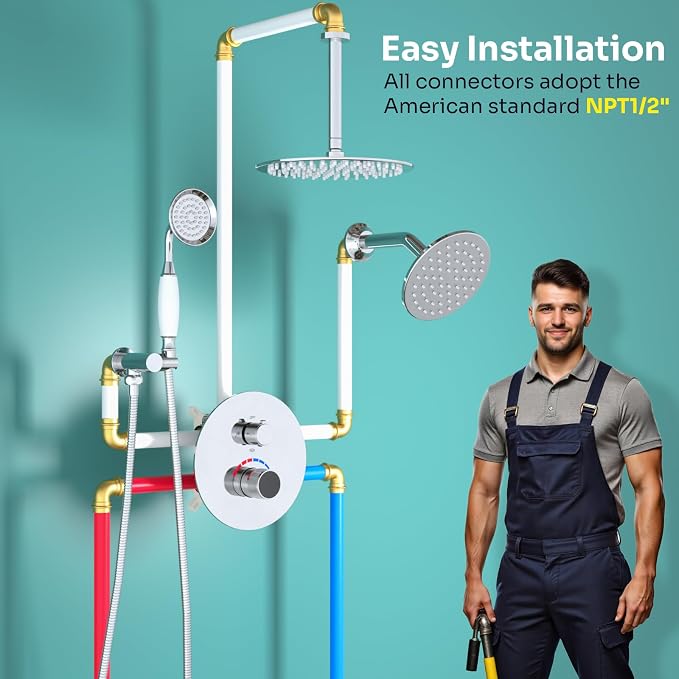 Temperature Display Shower Valve 3 Way Brass Rough-in Mixer and Round Trim Kit - Image 5