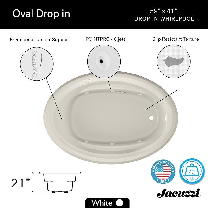Jacuzzi SIGNATURE Acrylic Whirlpool Oval Drop-In Bathtub, Includes Heater & 6 - Image 2