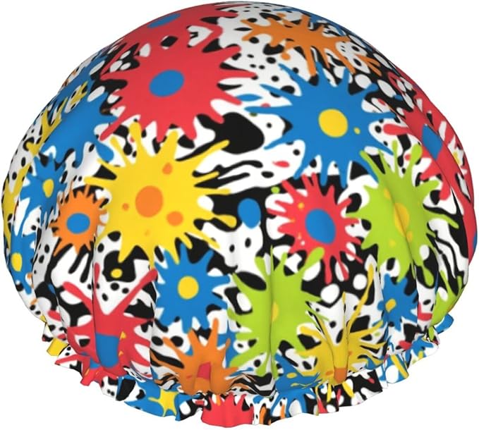 Double Layers Shower Caps for Women Girl, Colorful Splatter Color Art Bathing by Unknown