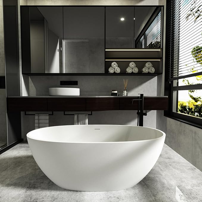 Cpingao 63" Freestanding Bathtub, Oval Shaped Resin Stone Freestanding Tubs - Image 8