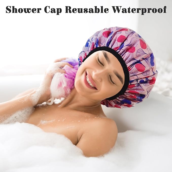 Shower Cap for Women, Shower Caps Reusable Waterproof, Large Plastic Satin - Image 2