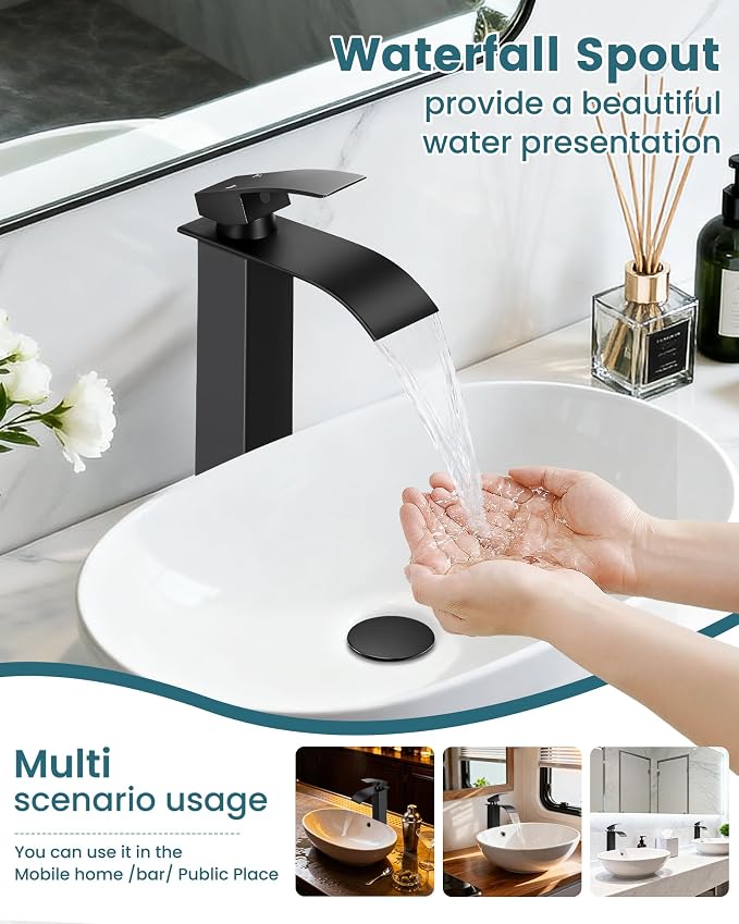LIFG Matte Black Vessel Sink Faucet, Tall Waterfall Bathroom Faucet, Single - Image 2