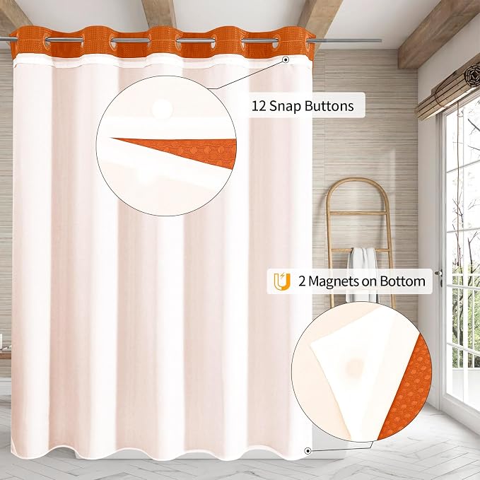 MitoVilla No Hooks Needed Orange Waffle Shower Curtain Liner Set, Modern Waffle - Image 2