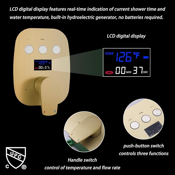 Temperature Display Brushed Gold Shower System Set, Push Button Shower Faucet - Image 9