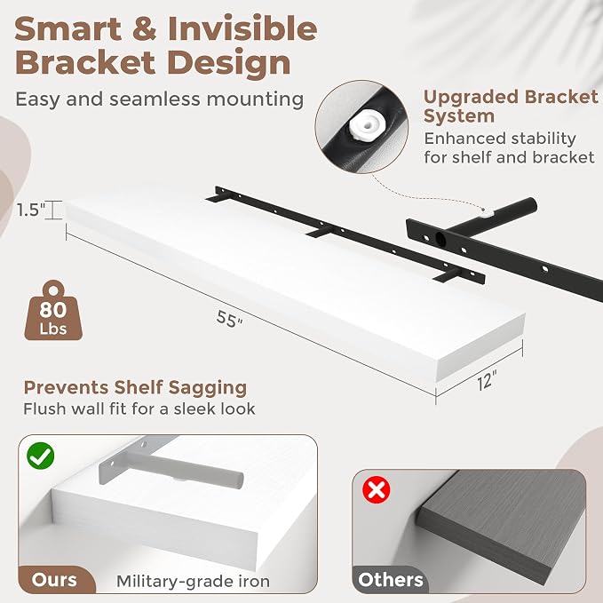 55 Inch Long Floating Shelves for Wall Set of 2, Easy Install Engineered Wood - Image 2