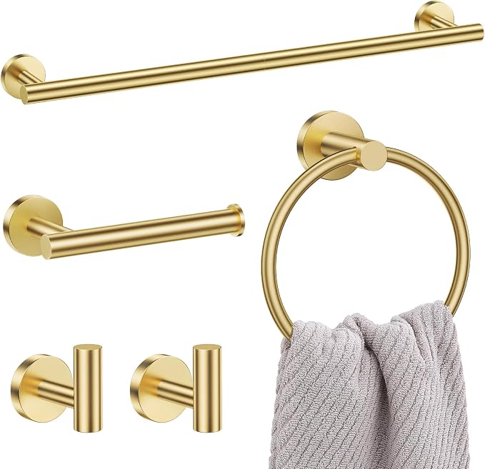 Lairuier 5 Pieces Brushed Gold Bathroom Accessories Set, 23.6 Inch Bath Towel by LairuierBathroomHardwareSet