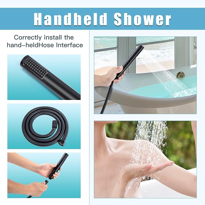 Floor Mount Bathtub Faucet，Matte Black，Freestanding Tub Faucet ，High Flow Dual - Image 4