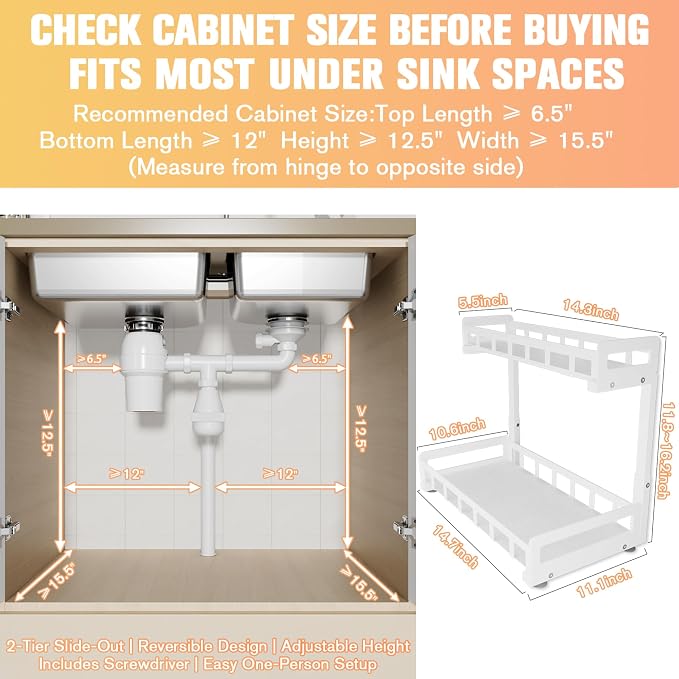 Under Sink Organizer, Metal Large Capacity 2-Tier Sliding Cabinet Storage Rack - Image 2