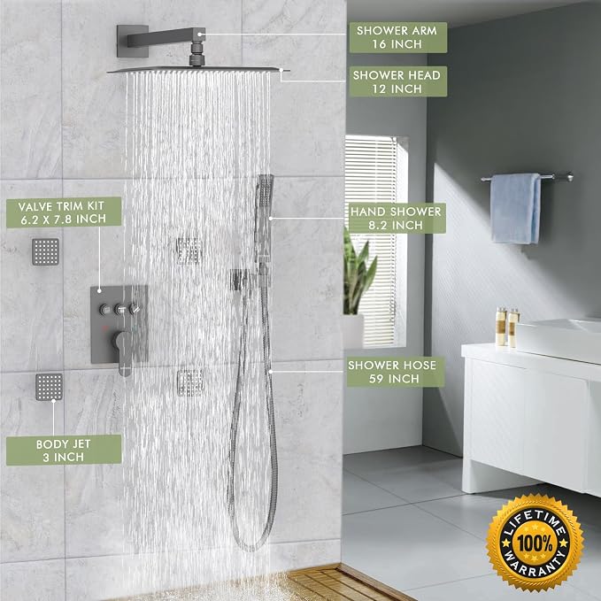 Shower System with Body Jets, Bostingner 3 Way Shower Faucet Set 12" Rain - Image 6