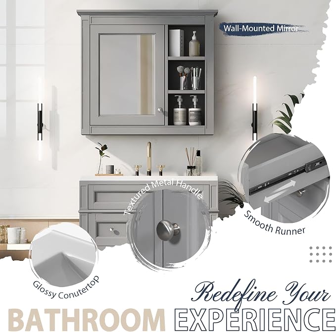 30" Bathroom Vanity with Matching Medicine Cabinet, Modern Sink Storage Cabinet - Image 5