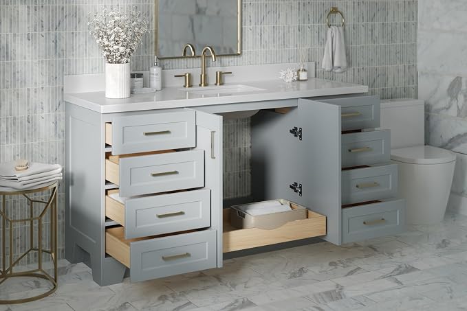 ARIEL Taylor 67" Grey Bathroom Vanity, 1.5" Edge Pure White Quartz Countertop & - Image 4