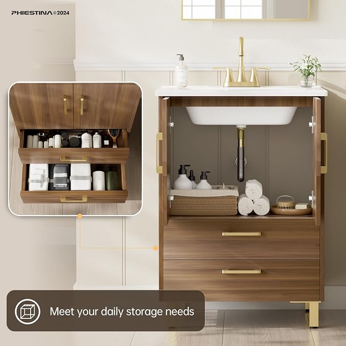 phiestina Walnut 24 Inch Bathroom Vanity, Fully Pre-Assembled Bathroom Sink - Image 5