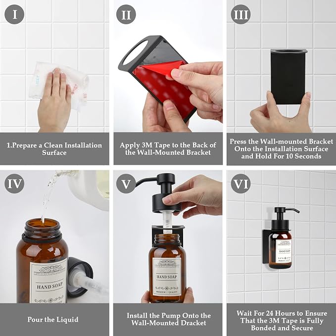 Glass Soap Dispenser with Pump and Wall Mount Holder, 8.5 Oz Shampoo and - Image 5