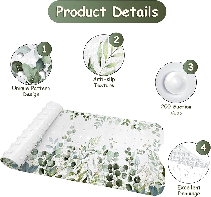 Bathtub Mat Non Slip, Sage Extra Long Bath tub Mat Shower Floor Mat - Image 3