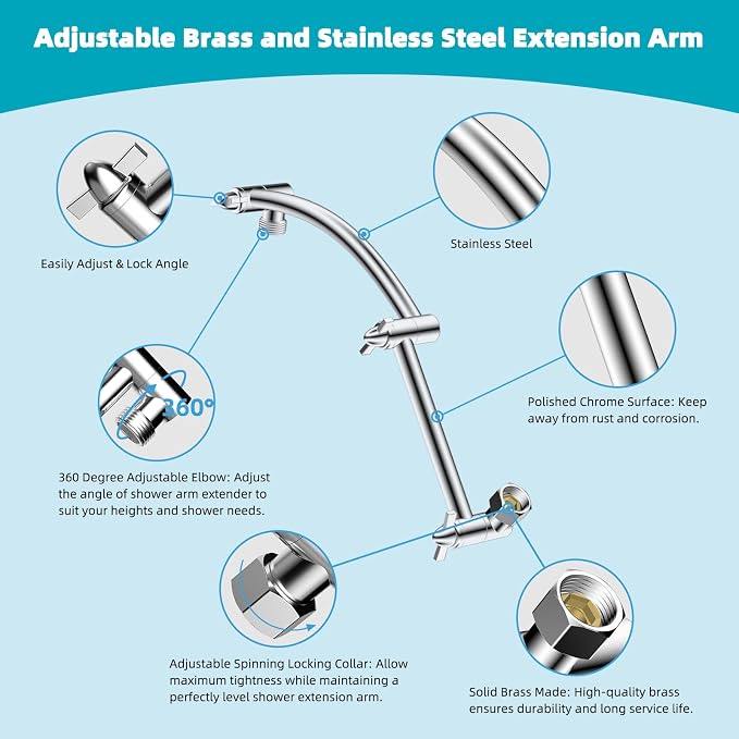 Hibbent Rain Shower Head, Solid Brass Adjustable Shower Arm Extender, Waterfall - Image 5