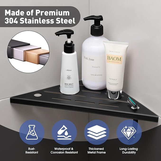 Corner Shower Shelf, 304 Stainless Steel Recessed Bathroom Shelves, No Drilling - Image 2