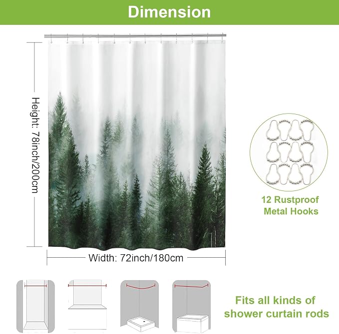 ORTIGIA 78 Inch Green Misty Forest Shower Curtain - Image 2