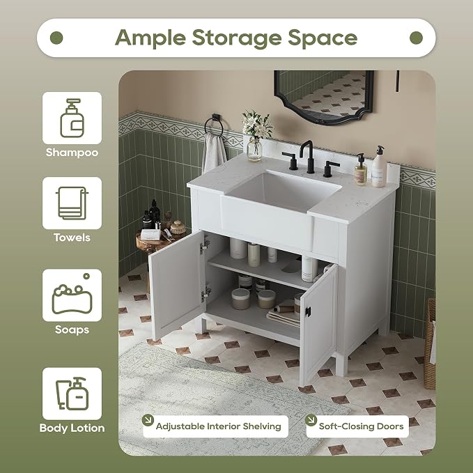 36 Inch Bathroom Vanity with Sink, Farmhouse Single Sink Bathroom Vanity with - Image 6
