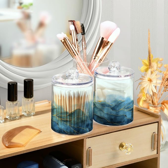 4 Pack Qtip Holder Organizer Dispenser Blue Watercolor Marble Bathroom - Image 6