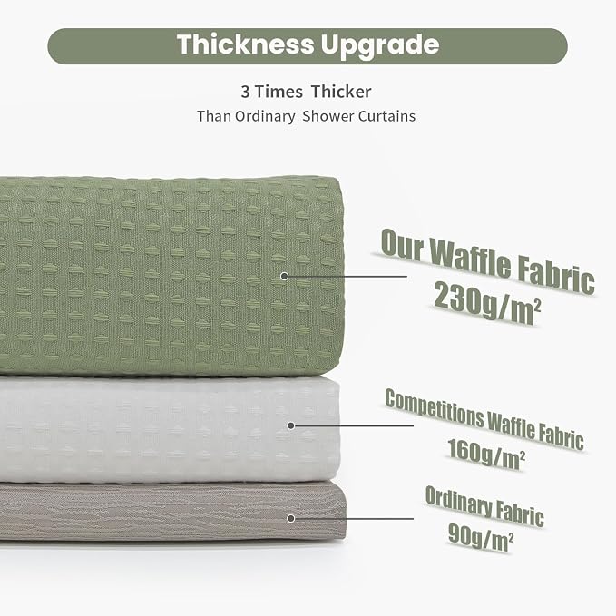 Inhousolu Fabric Shower Curtain Waffle Weave, Sage Green 230 GSM Heavy Duty - Image 4