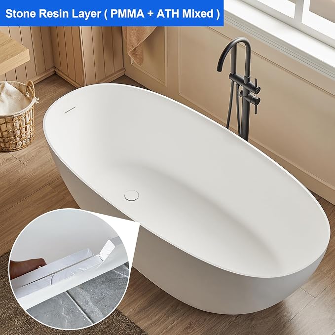 Cpingao 55" Stone Resin Freestanding Bathtub, Oval Contemporary Soaking Tubs - Image 2