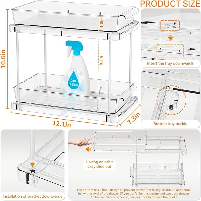 Yieach 2 Pack Pull Out Under the Sink Organizer, 2 Tier 10.6″ High Medicine - Image 3