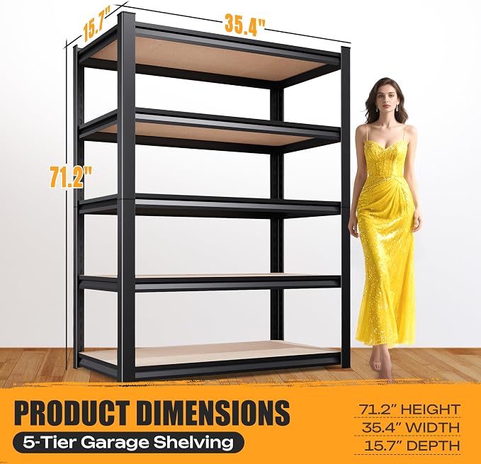 71"H Garage Shelving, 5-Tier Heavy Duty Storage Shelves, Adjustable Metal - Image 3