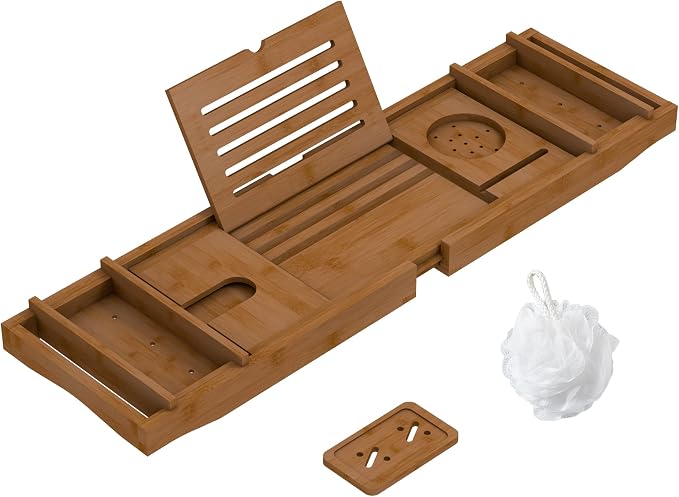 Bamboo Bathtub Tray for Luxury Bathroom, Expandable Premium Bath Tray by ZHUOYUE