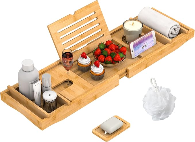 Bamboo Bathtub Tray for Luxury Bathroom, Expandable Premium Bath Tray w/Soap by ZHUOYUE