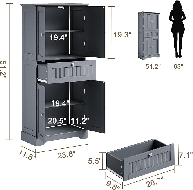ChooChoo 51" H Tall Bathroom Floor Cabinet, Modern Bathroom Storage Cabinet - Image 3