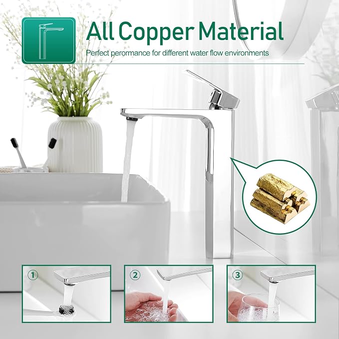 VOTON Vessel Sink Faucet Single Handle Tall Bathroom Sink Faucet Chrome - Image 3